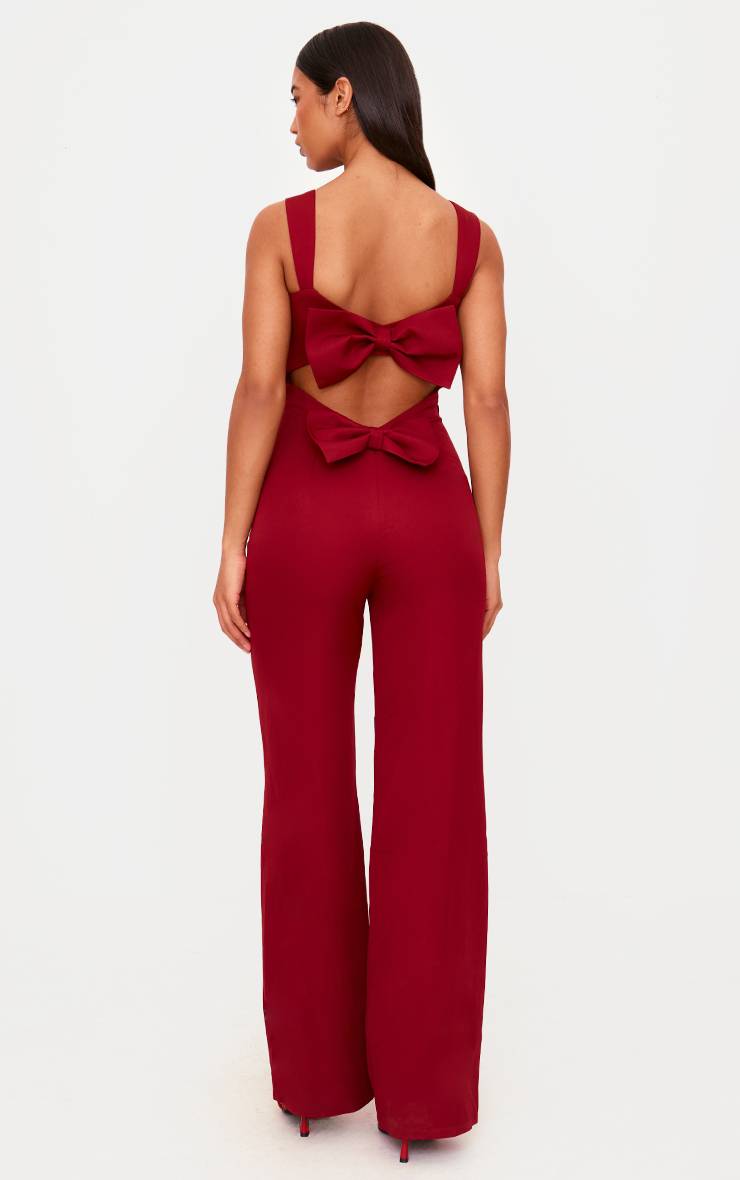 BURGUNDY WOVEN CUT OUT BOW DETAIL JUMPSUIT