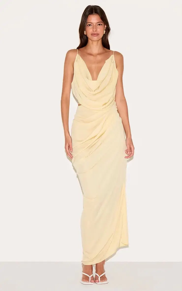  Butter Yellow Chiffon Drape Cut Out Maxi Dress
