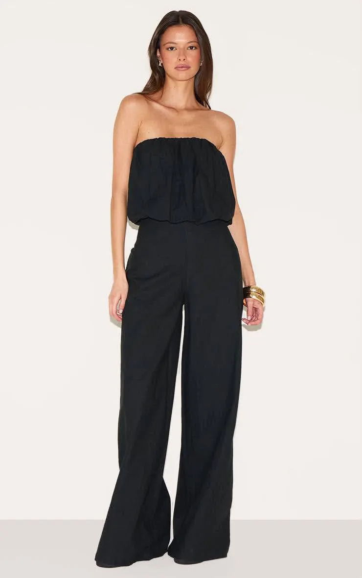 Black Cotton Puffball Bandeau Straight Leg Jumpsuit