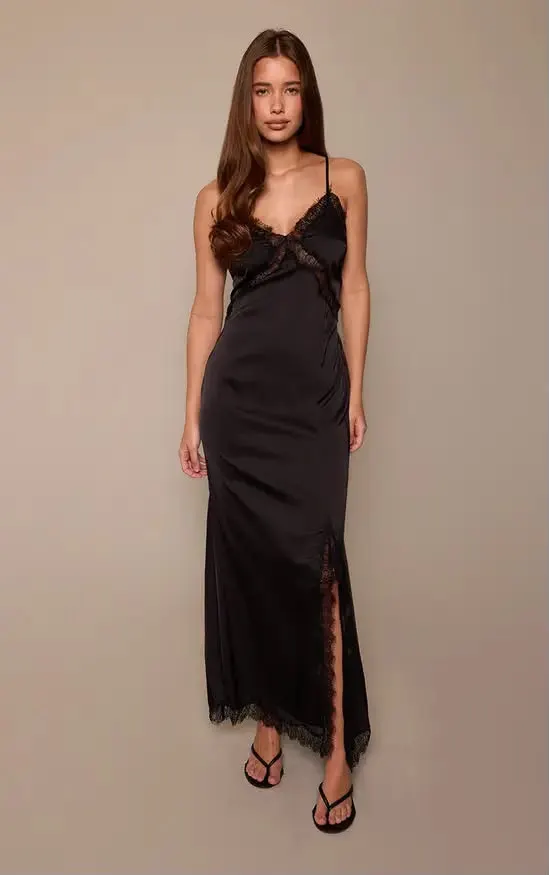 Black Satin Lace Trim Maxi Slip Dress