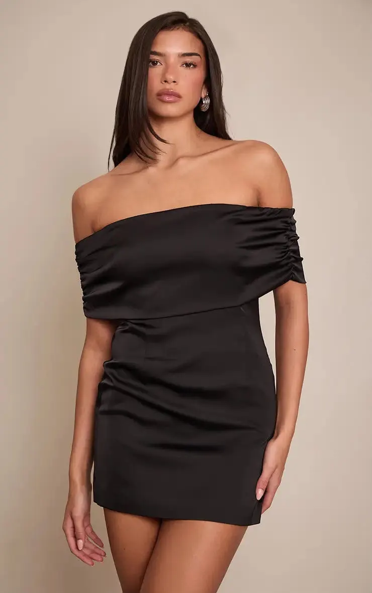 Black Satin Off The Shoulder Mini Dress