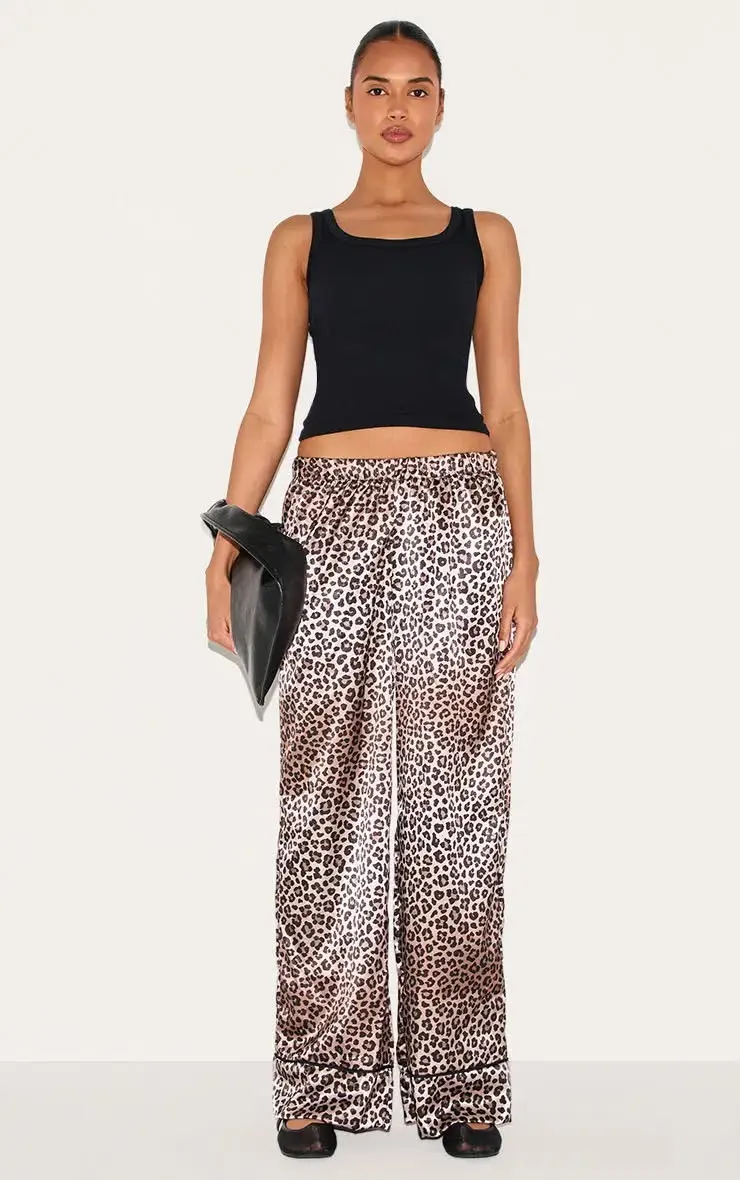 Leopard Printed Satin Wide Leg Trousers