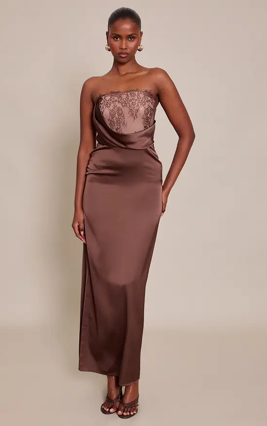 Chocolate Satin Lace Detail Maxi Dress