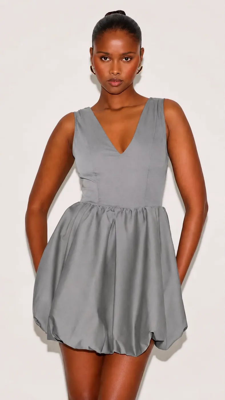 Tailored Woven V Neck Puffball Mini Dress