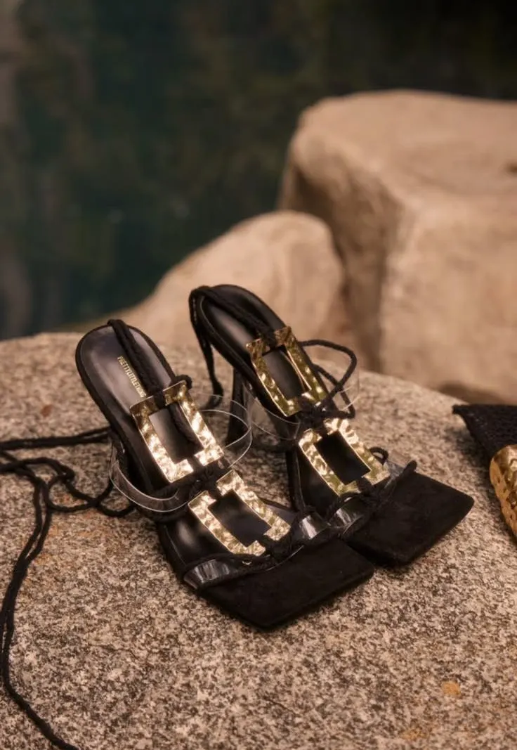 Black Faux Suede Square Toe Double Buckle Lace Up High Heeled Sandals