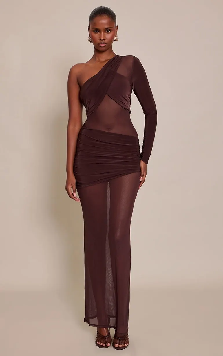 Chocolate Mesh Cut Out Detail One Sleeve Maxi Dress