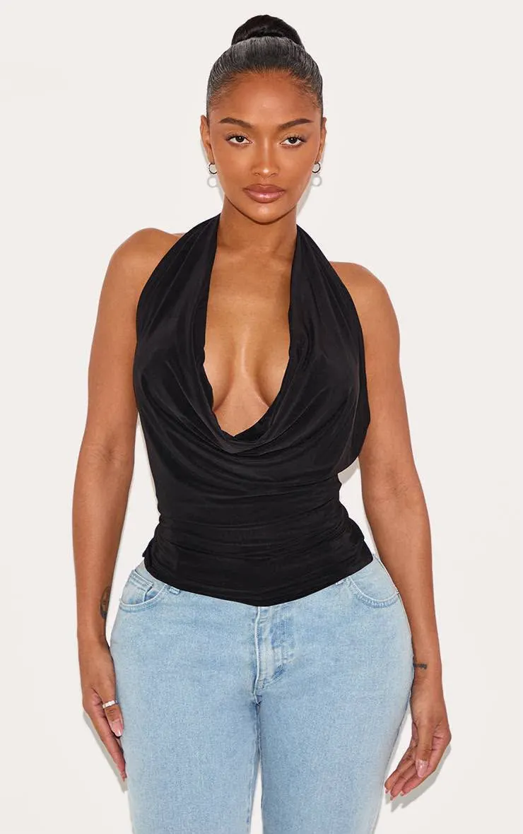 Shape Halter Cowl Neck Long Line Open Back Top