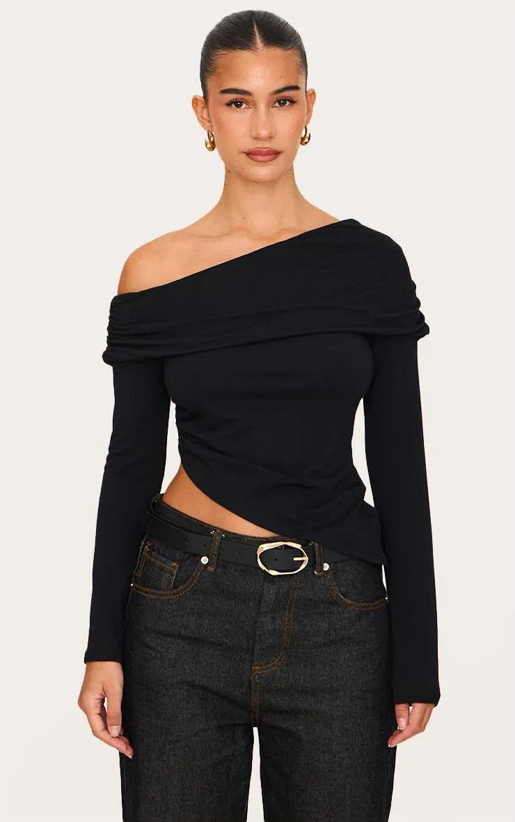 Basic Black Contour Jersey Fold Over Detail Bardot Long Sleeve Top
