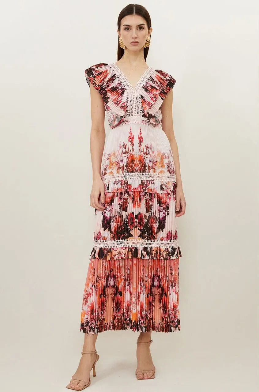 Mirrored Floral Print Pleated Woven Sleeveless Maxi Dress