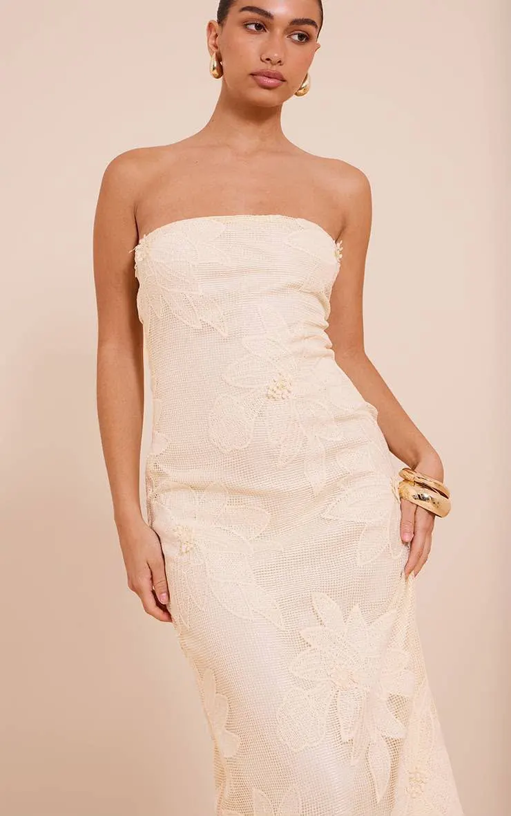 Natural Floral Embroidered Textured Bandeau Maxi Dress