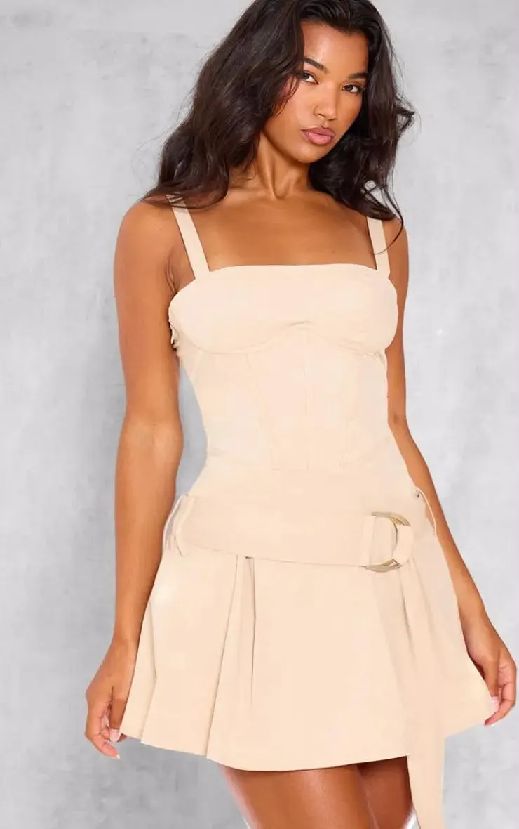 Mini Dress Strapless Corset Waist And Pleated Skirt Detail