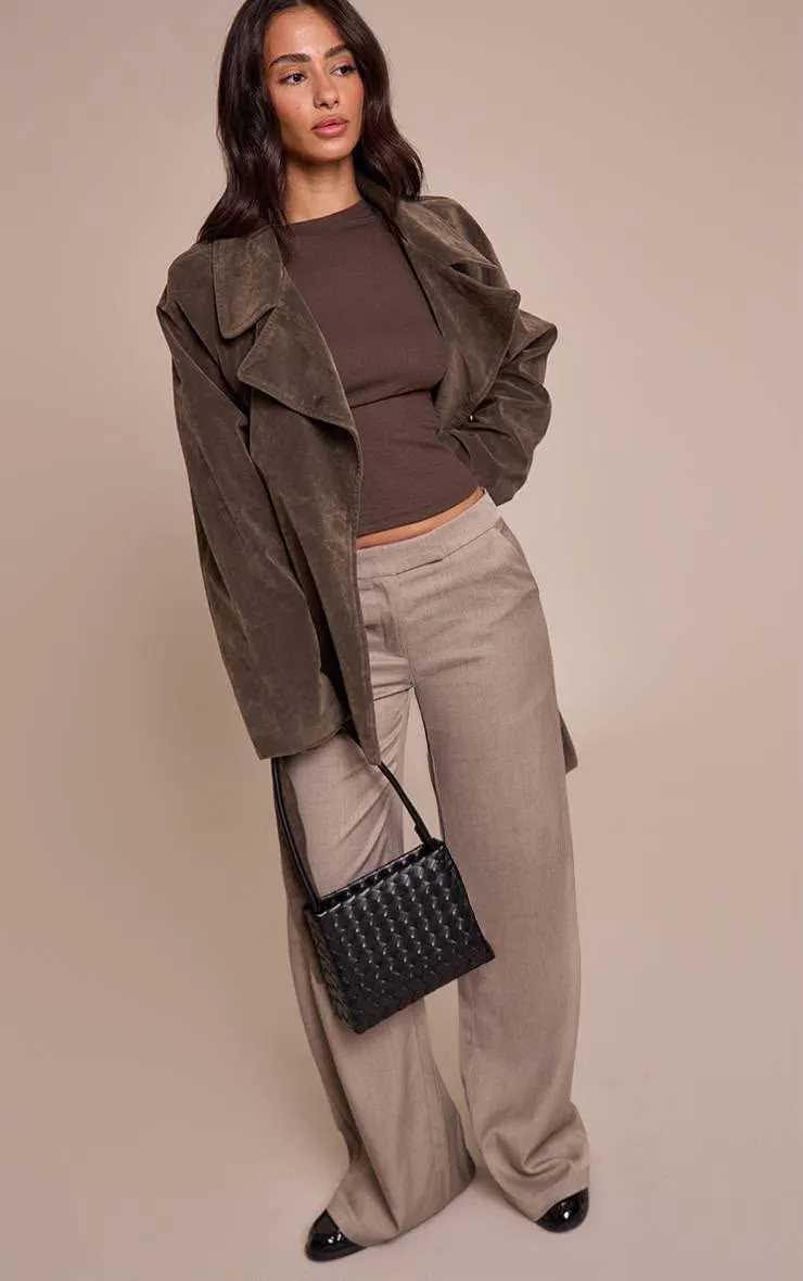 Petite Premium Taupe Woven Low Rise Wide Leg Trousers