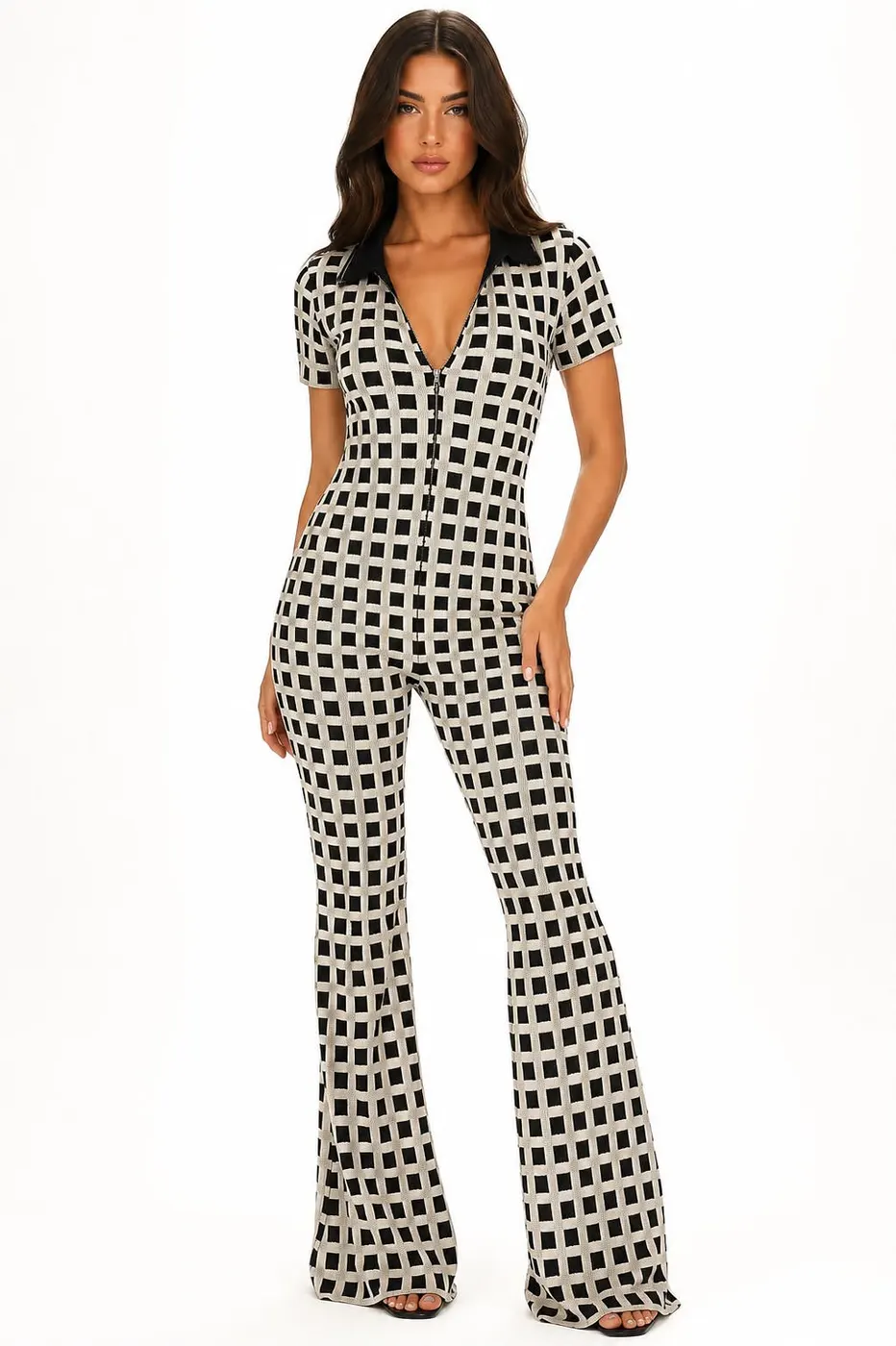 Rib Jumpsuit in a Beige and Black Geometric Check Print