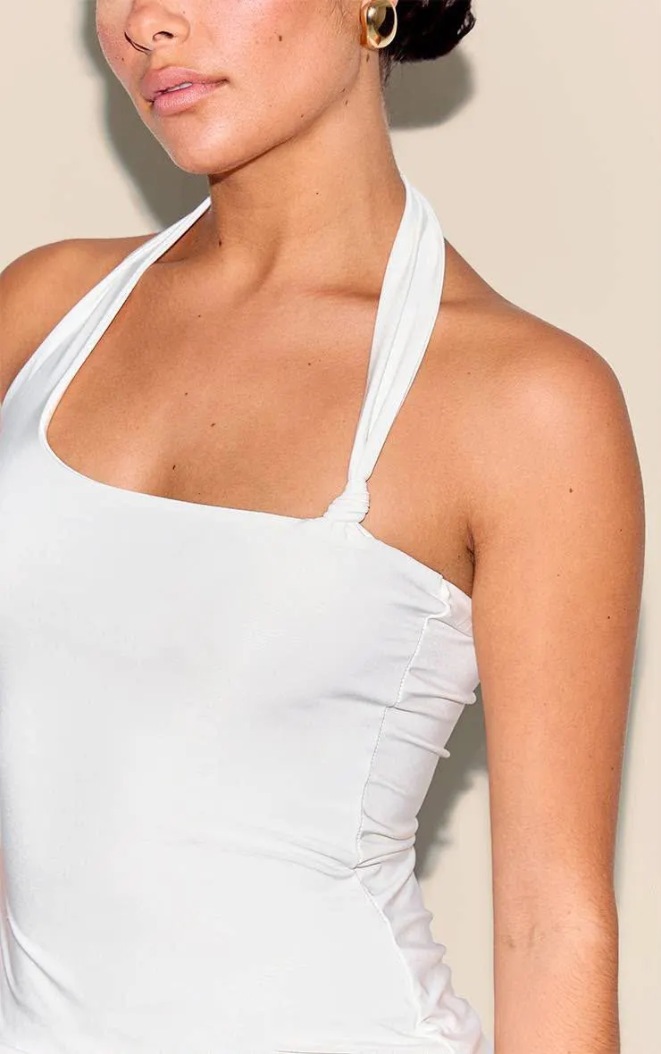 Petite White Slinky Halterneck Knot Detail Top